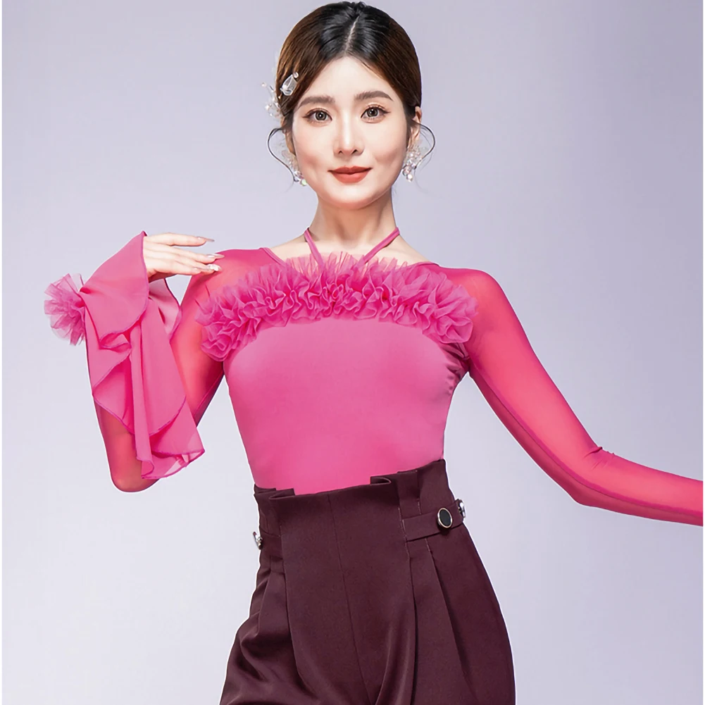 الفالس قاعة الرقص الأعلى الزنجفر الأحمر المرأة الجديدة الرقص بذلة طويلة الأكمام الليتشي مسحوق أسود قاعة الرقص ضيق مشد الخامس الرقبة #1