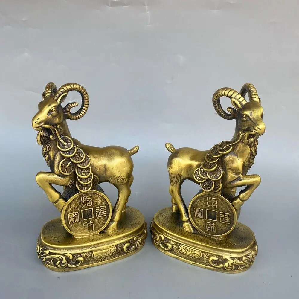 6'' home decor chinese fengshui brass sculpture pair fortune wealth sheep statue