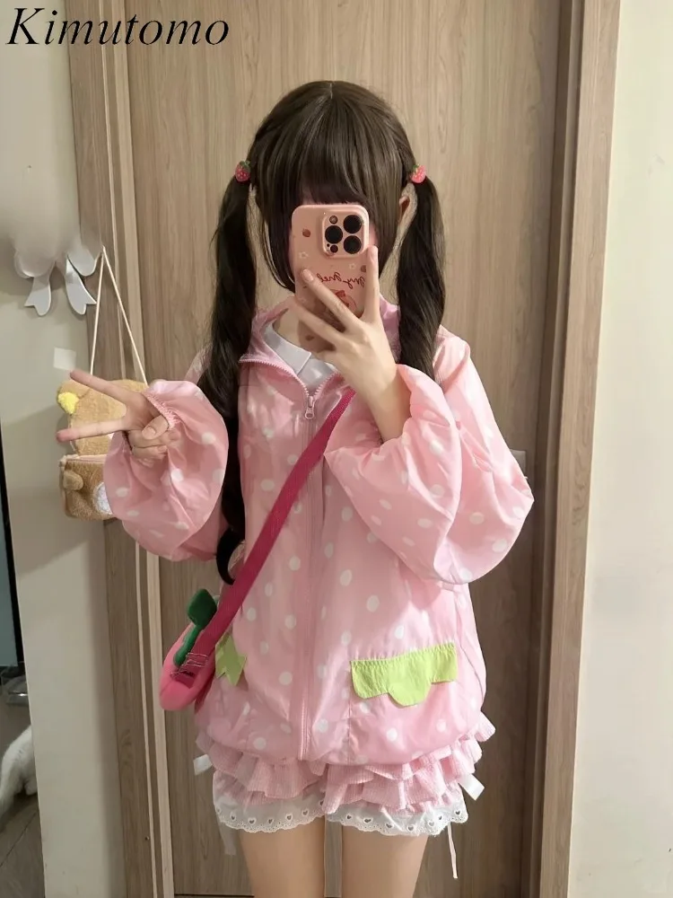 Image of Kimutomo Jacken für Damen, süß, gepunktet, bedruckt, locker, Vintage, süß, locker, elegant, Y2k, ästhetisch, Harajuku, dünne Jacke, Preppy-Stil