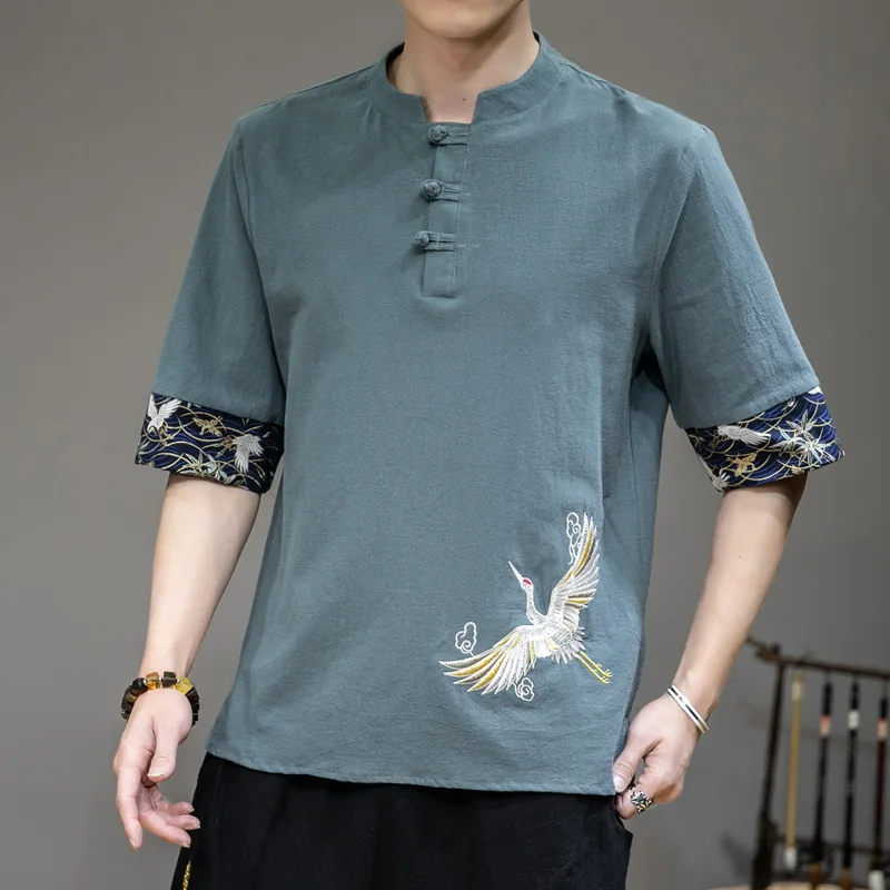 Chinese Style Disc Button Linen T-shirt Mens Summer Short-sleeved Tang Shirt Loose Large Size T-shirt Japanese Kimono Men New