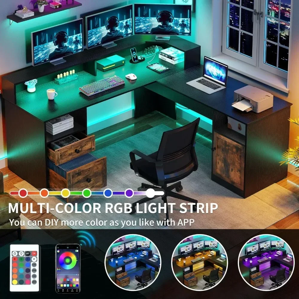 L Shaped Desk With Power Outlets & LED Lights Computer Table 60” Computer Desk With Drawers & Lift Top Freight Free Reading