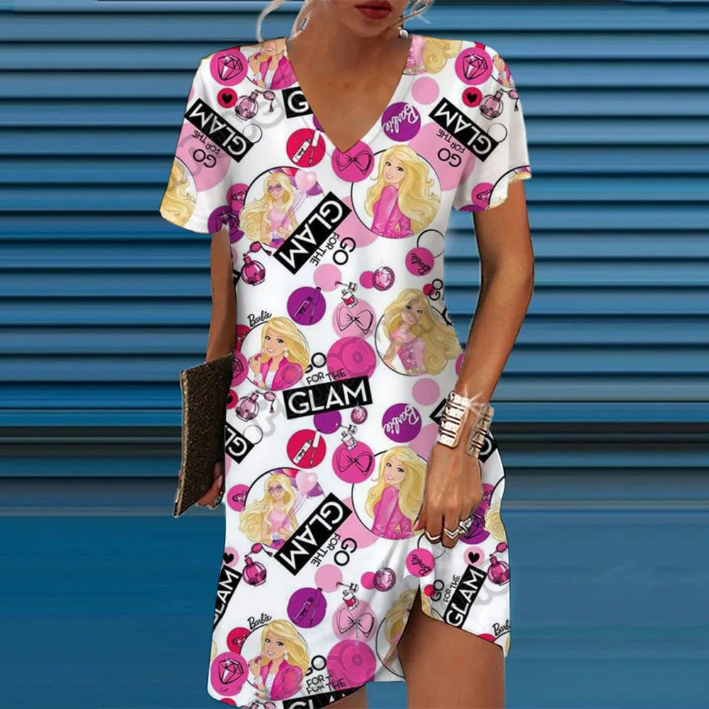

Barbie Print Dress Women Summer 2024 Europe new women's sexy v-neck loose printed strap Dresses Casual Vestidos