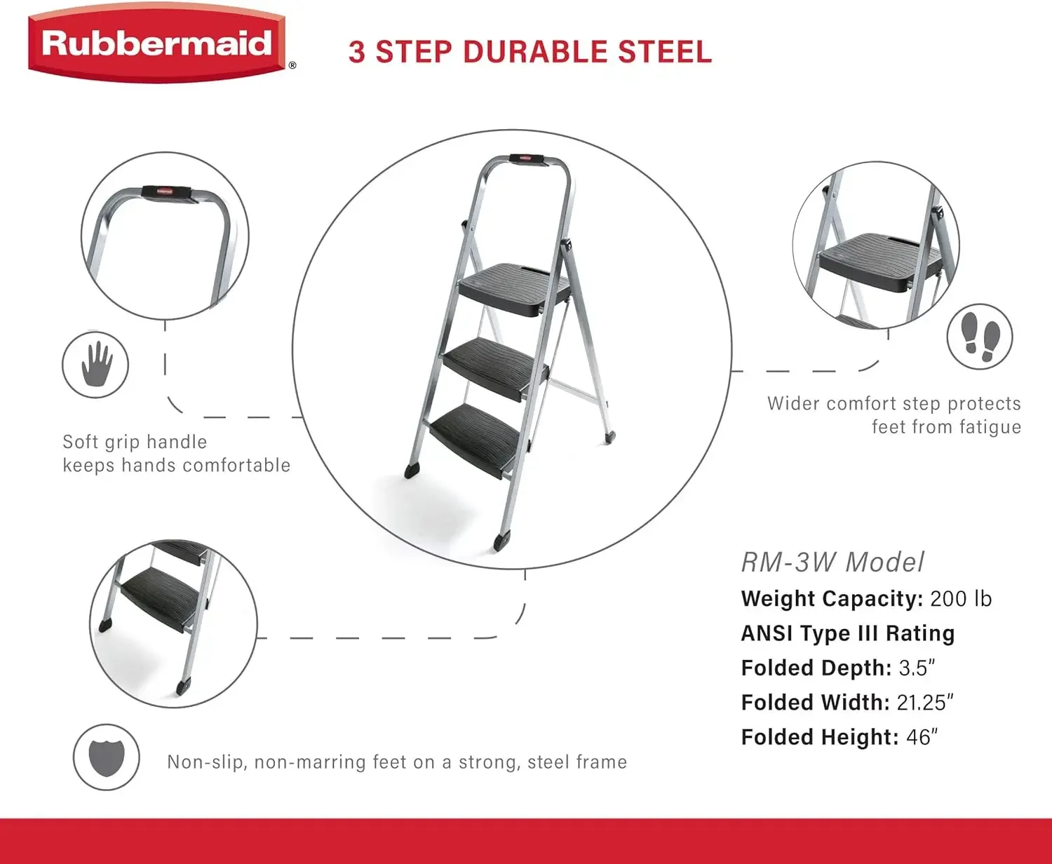 Rubbermaid RM-3W 3-Step Steel Step Ladder with Hand Grip, 200 lb Capacity, Silver