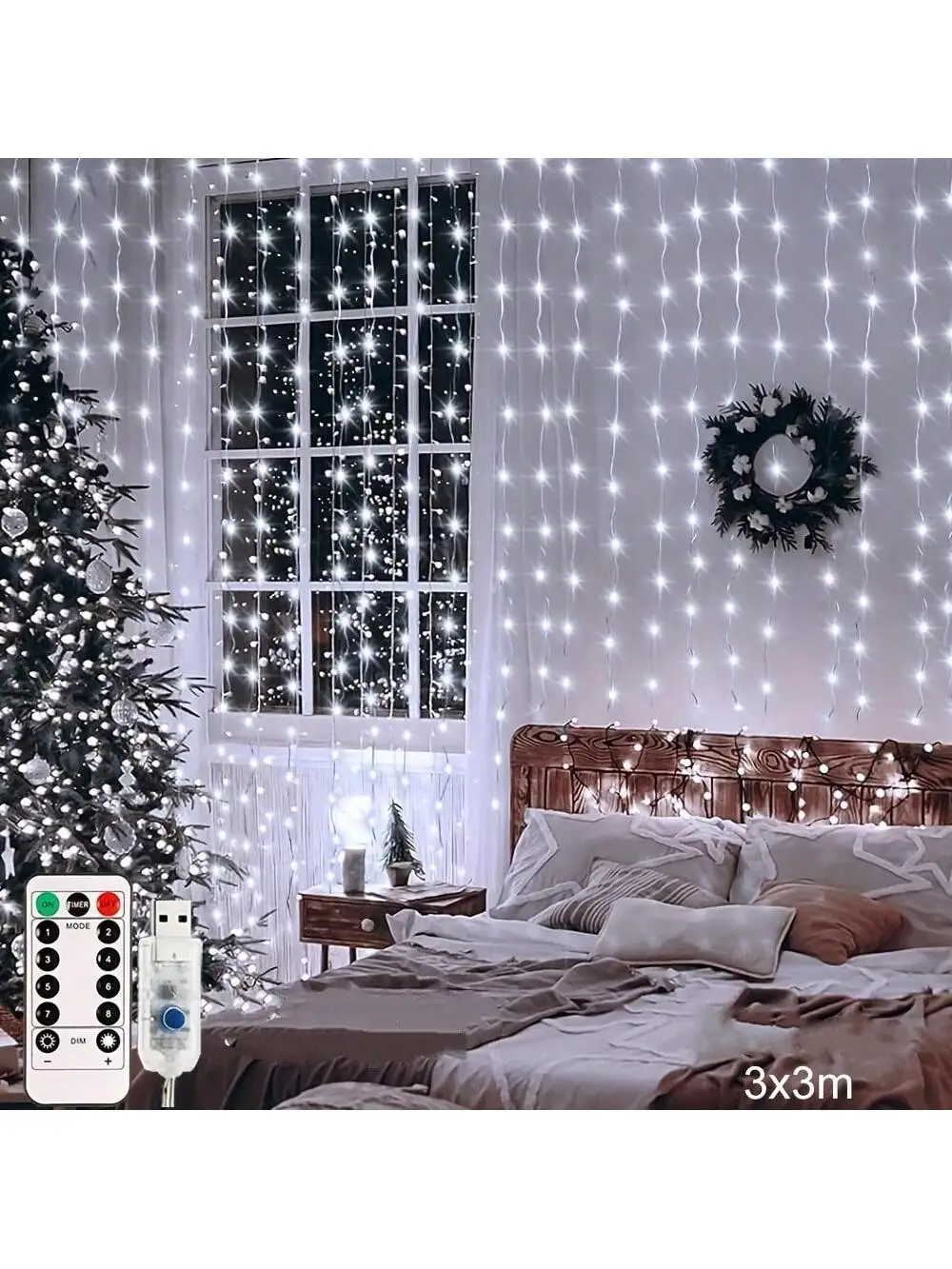 9.8ft X 9.8ft 300 LED Curtain String Lights, USB Waterproof Fairy Copper Lights with Remote Control 8 Lighting Modes, Colorful Window Curtain Lights for Wedding Bedroom Party Garden Christmas Home Wall Decor