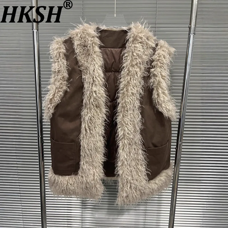 

HKSH 2025 Autumn Winter New Women's Thicken Waistcoat Faux Fur Patchwork Down Contrast Color Versatile Sleeveless Jacket HK15476