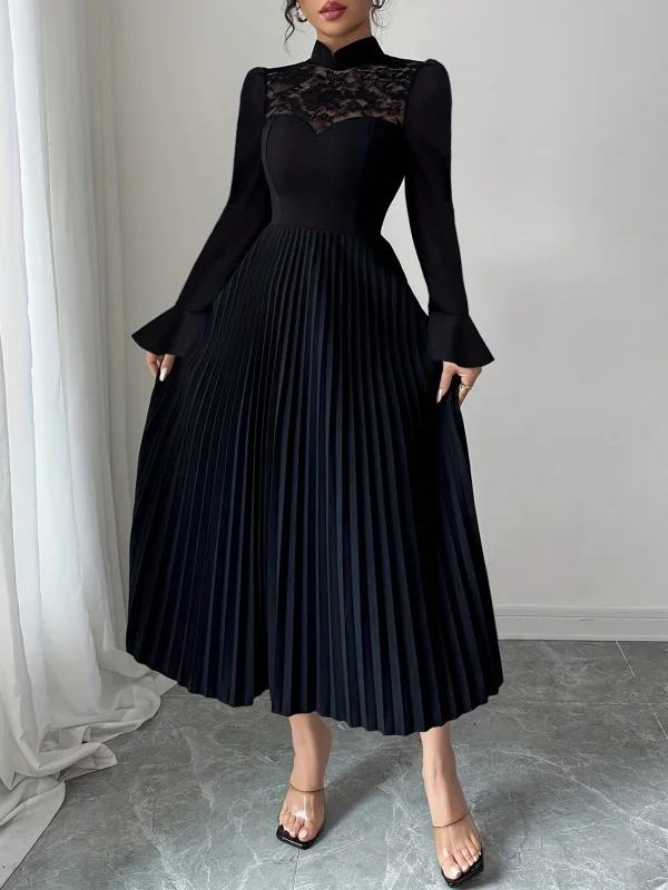 Krismile – robe à col Qipao pour femmes, nouvelle élégance chinoise, panneau en dentelle, jupe plissée, cintrée à la taille, pour le dîner, les événements de mariage