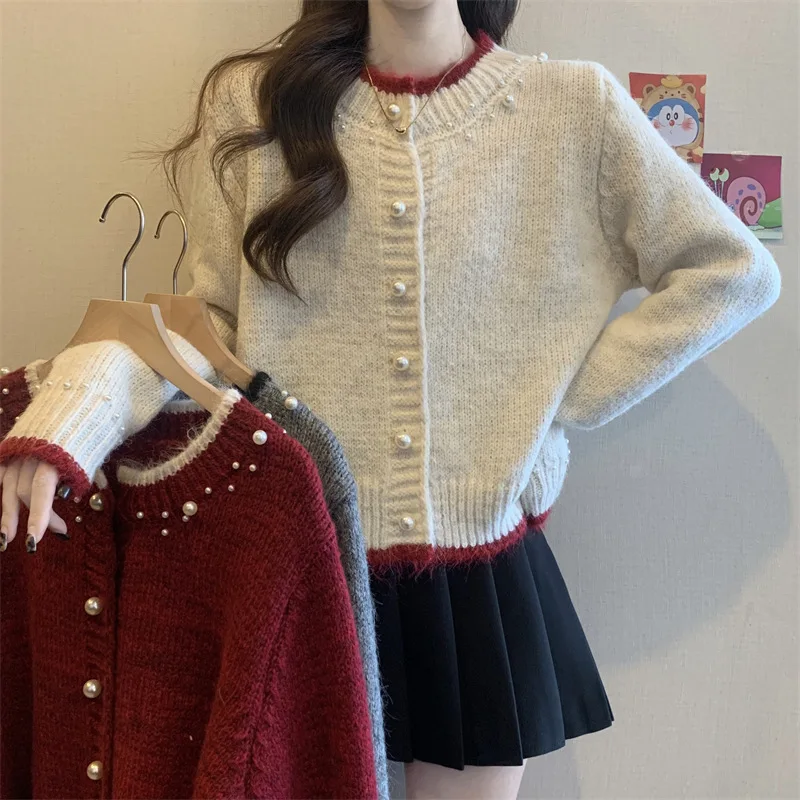 New Year's Red Design Pearl Button Sweater Spring and Autumn Loose Round Neck Knitted Cardigan Top