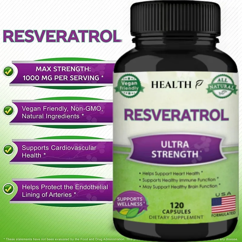 Resveratrol ขายร้อน 1000 มก., 120 แคปซูล - มังสวิรัติ, ปราศจากกลูเตน, Non-GMO