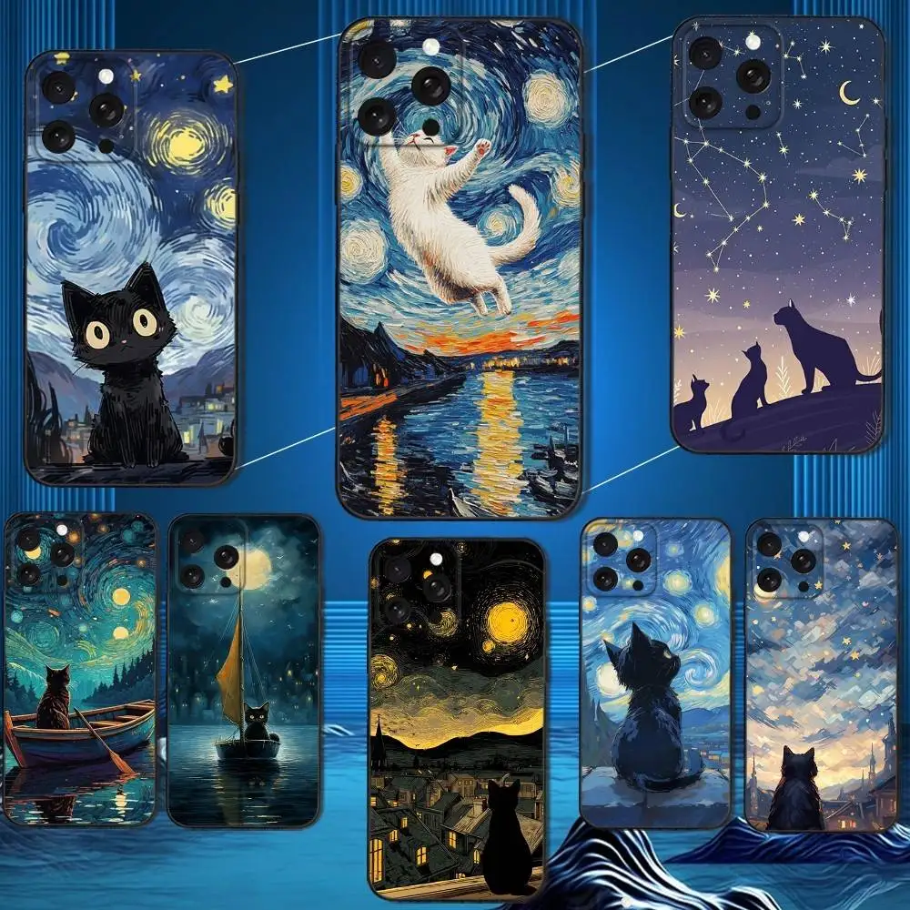 

Starry Sky C-Cat Pattern Phone Case For iPhone 16,15,14,13,12,11 Plus,Pro Max,XS,X,XR,SE,Mini,8,7,Soft Silicone Black Cover