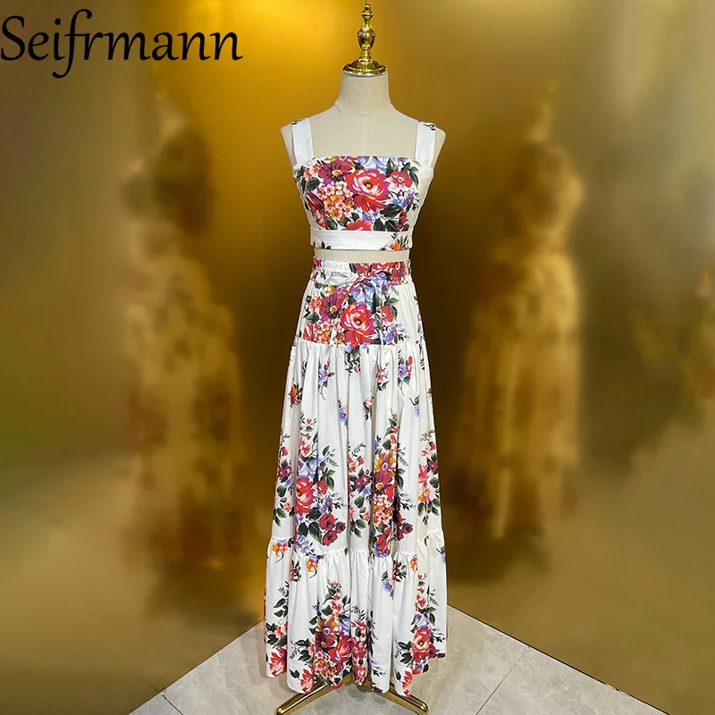 

Seifrmann 2026 Summer Women's New Fashionable Square Collar Sleeveless Cotton Printed Top+Half Skirt Two Piece Set
