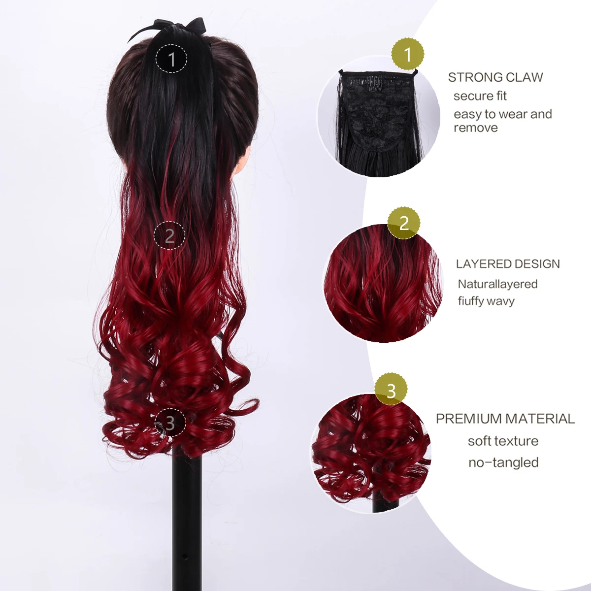 1 Pieces Synthetic Hair Extension With Strap Black-red gradient Long Wavy Curly 20 Inch Clip in Hairpiece Ponytail Full Machine