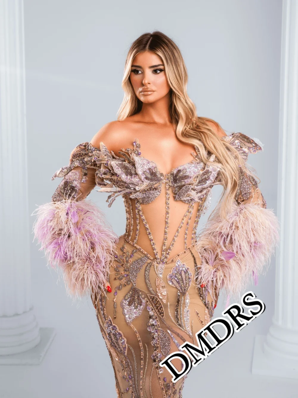 

DMDRS Romantic Off-Shoulder Evening Dress Romantic Feather Party Gown Formal Crystal Beaded Floor-Length Party Dress
