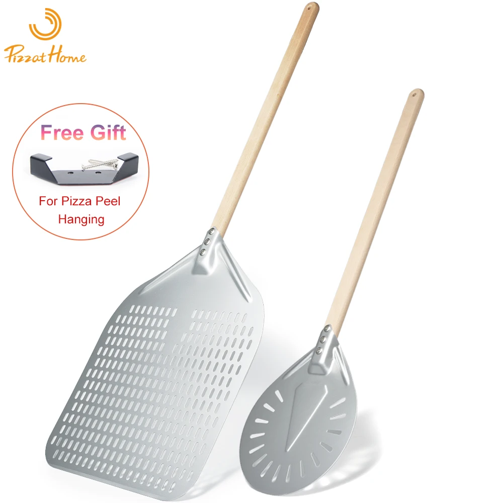 Pizzathome Anodized Pizza Peel Perforated Pizza Turning Peel with Wood Handle Pizza Shovel or Anodized Short Pizza Spatulas