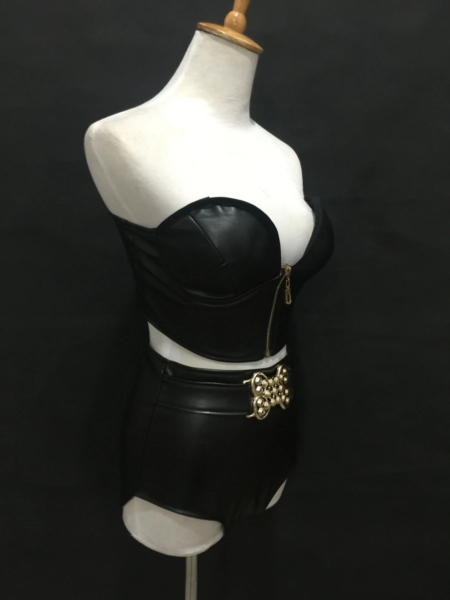 Sexy feminino couro do plutônio preto biquíni colete desempenho roupas jazz hiphop trajes de dança boate festa cantor equipes outfit