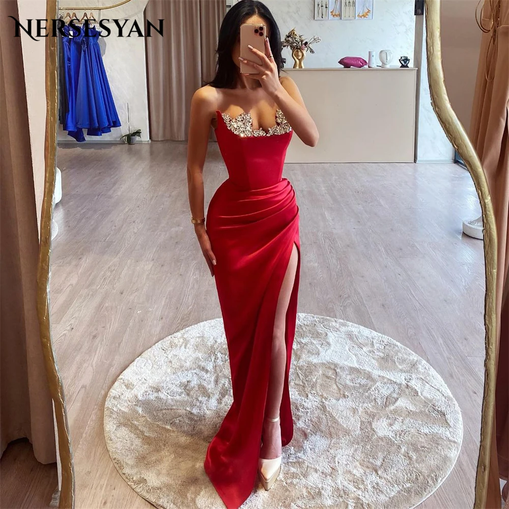 

Nersesyan Glitter Mermaid Evening Dresses Pleats Off Shoulder High Side Slit Formal Prom Dress Beadings Backless Party Gowns