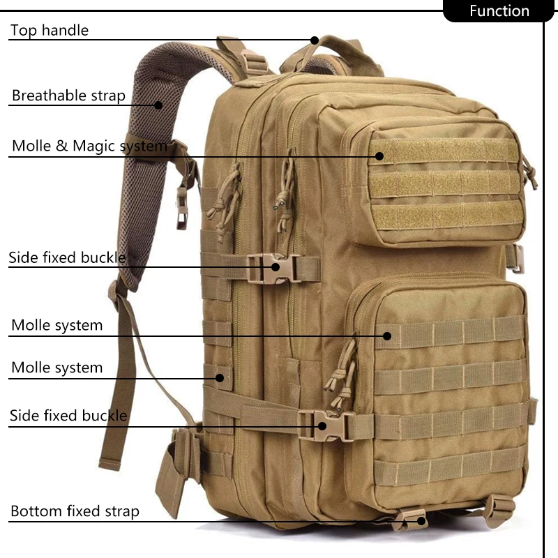 Tac Backpack Men's Large Capacity Molle System 3P Assault Pack for Hunting Accessories Armband Khaki