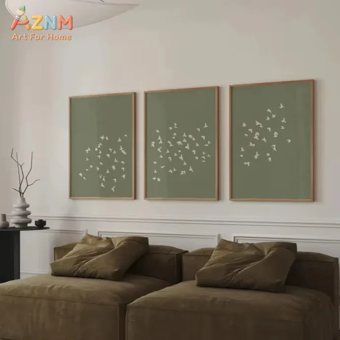 AZNM Minimalist Three Groups of Birds and Animals Canvas Japanese Green Wall Art Posters for Modern Living Room Home Decor