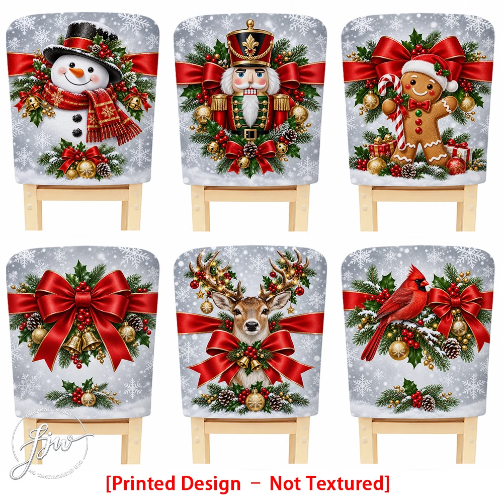 2/4/6pc Christmas Chair Back Covers Festive Holiday Dining Chair Slipcovers with Snowman Nutcracker Reindeer Designs