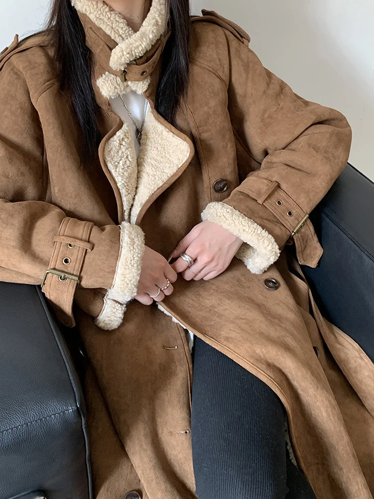 BZVW Elegant Long Lamb Woolen Coat Women\'s Lapel Double Breasted Color Block Belt Gathered Waist Long Coats Female 25Z1169