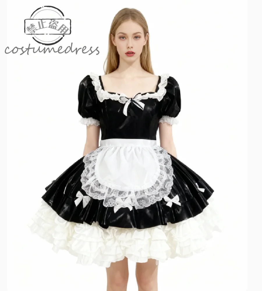

French Black And White Maid Dress With Apron Short Sleeve Pvc Mini Evening Dress 2026 Sexy Gothic Lolita Cosplay Prom With Bow