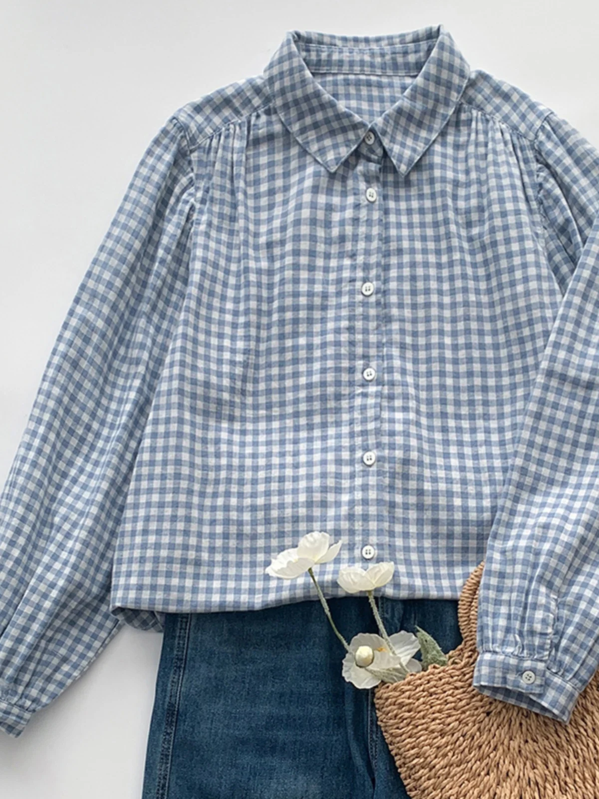 일본 슬레 순면 린넨 체크 루즈 캐주얼 네 롱 스웨 여성용 트렌디 출퇴근 슬레 얇은 소재