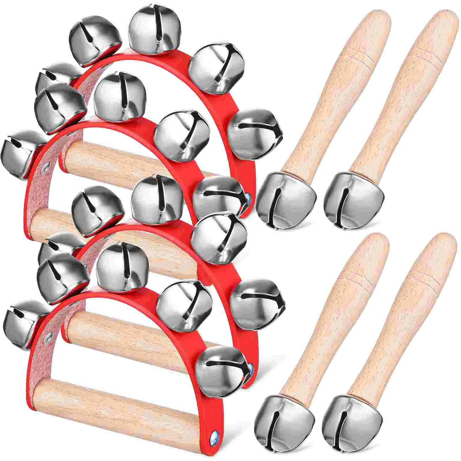 8-delige en één belrammelaar + rode halvemaanvormige vijf-ling handjingle houten shaker bells kind