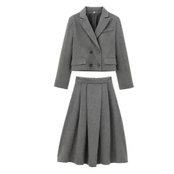 UNIZERA double breasted twill suit jacket with autumn and winter temperament, high waisted MIDI skirt, casual women's suit set