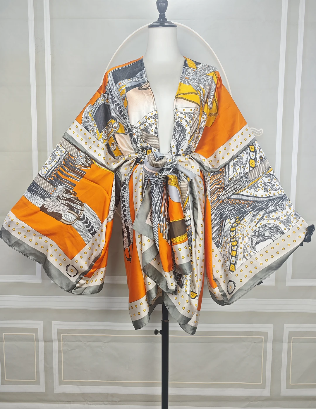 

Casual Summer Beach Wear Short Kimonos Boho Printed African Women Mini Cardigans Match Scarf Vacation Muslim Women Kaftan Kimono