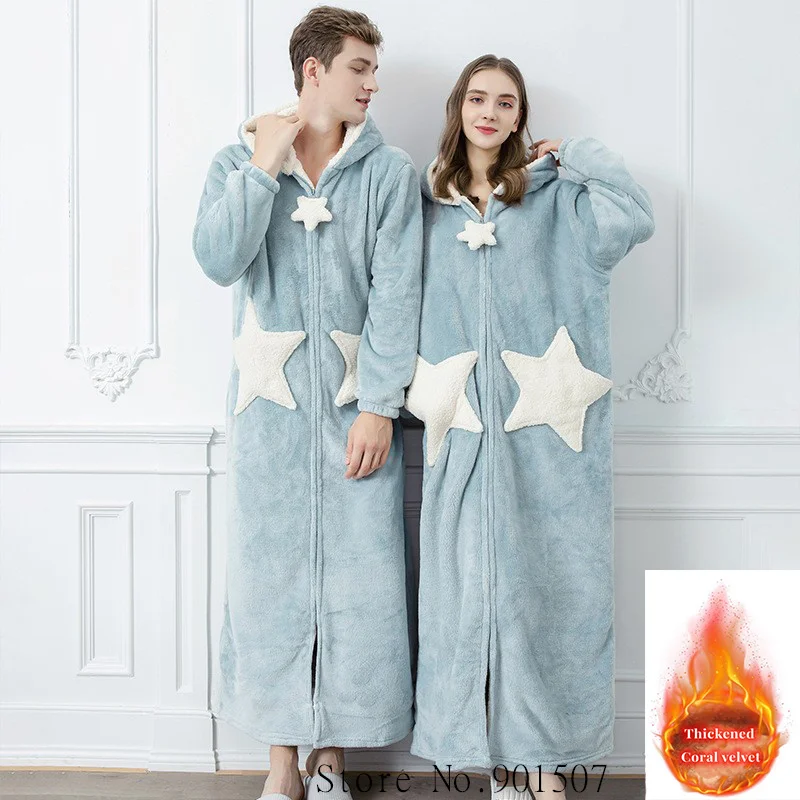 Hooded Zipper Kimono Bathrobe Gown Winter Warm Coral Fleece Sleepwear Women Loose Peignoirs Couple Cute Star Nightgown Robes