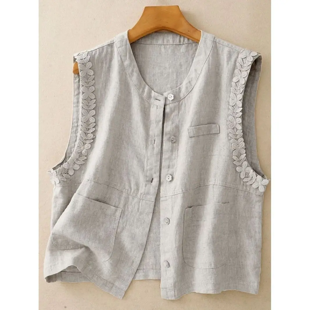 Slimming Effect Summer Cotton Linen Sleeveless Lace Trim Vest Tank Top Thin Style Garment for Women Regular Fit Single Button