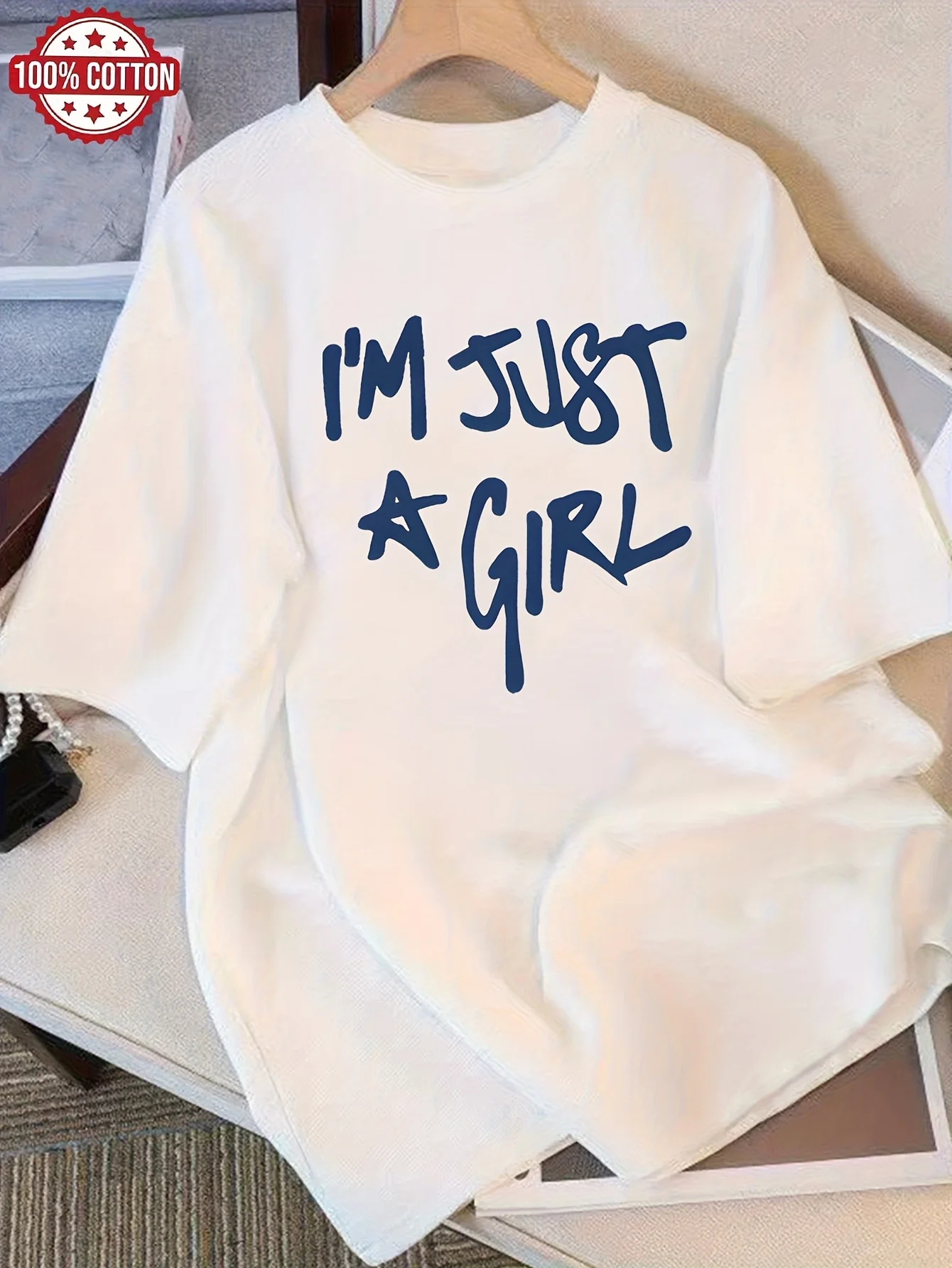 I'm Just A Girl with A Printed Women's T-shirt Casual Short Sleeved Round Neck Top with Interesting Letter Patterns Cute T-shirt