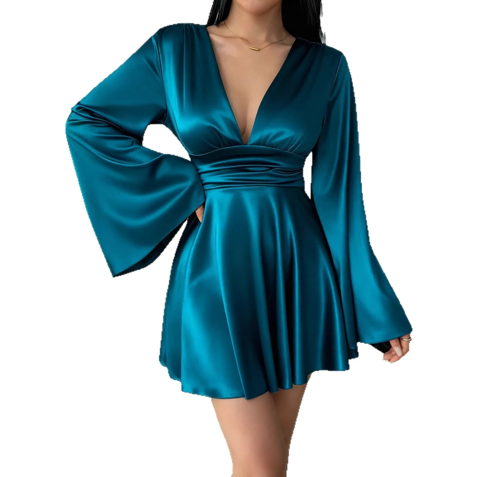 Long Sleeve a Line Dress with Mid Rise Waist Elegant Midi Length Three Quarter Sleeve V Neck Party Dress for Women Date Party