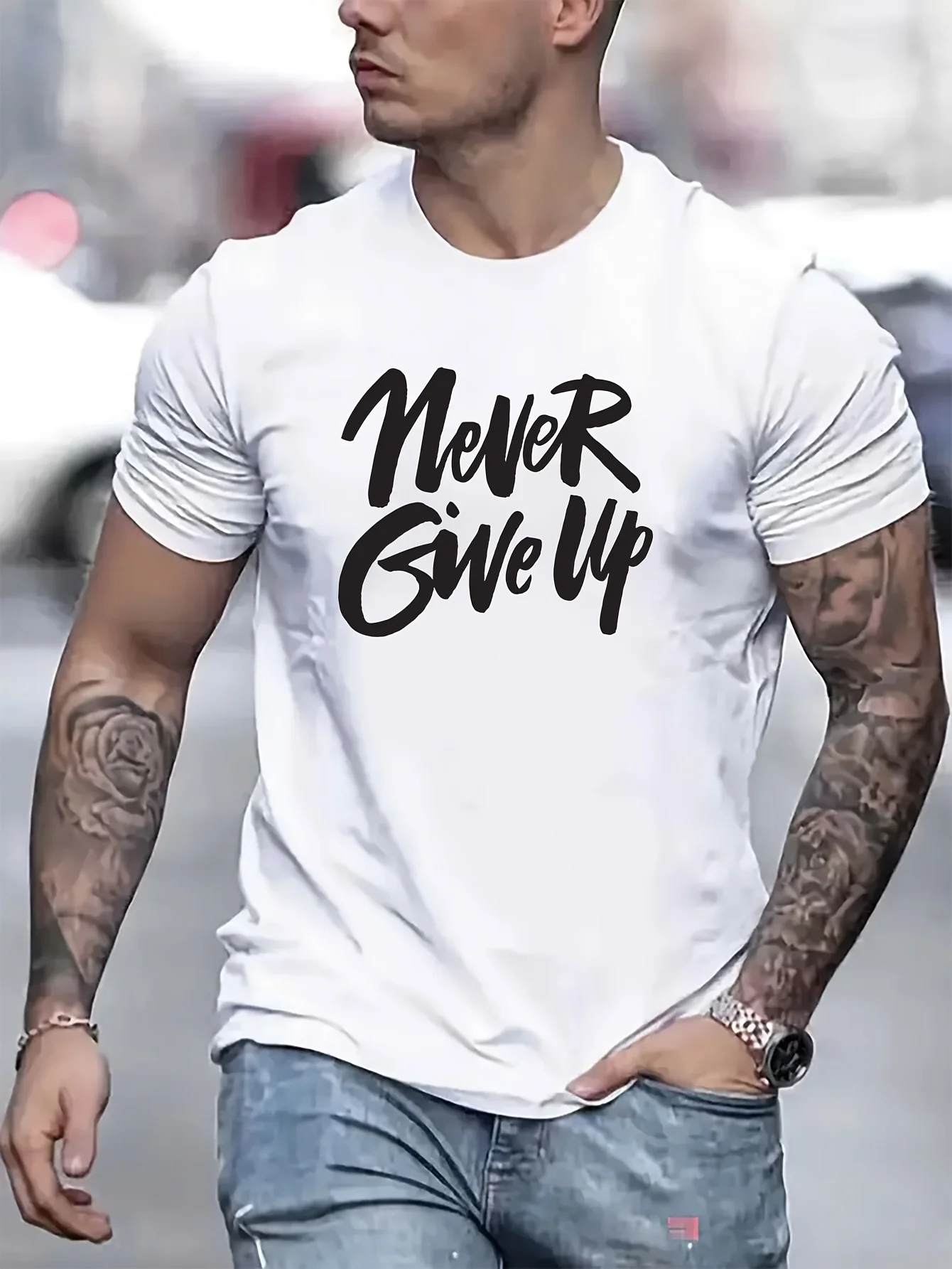 Motivational Never Give Up Print on Premium 100% Cotton Mens T shirt Perfect for Summer Gym Days and Casual Streetwear