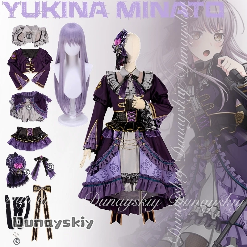 

{Dunayskiy States}BanG Dream! Аниме Юкина Минато Косплей Roselia свинцовая певица с фиолетовым платьем Лолиты с длинным голубым париком комплект