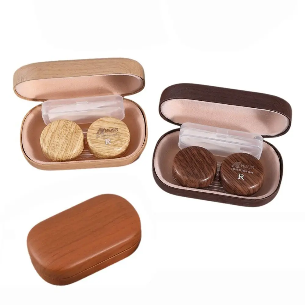 Dual Compartment Contact Lens Case Wood Grain Myopia Companion Portable Lens Case Compact Size Lens Container Set