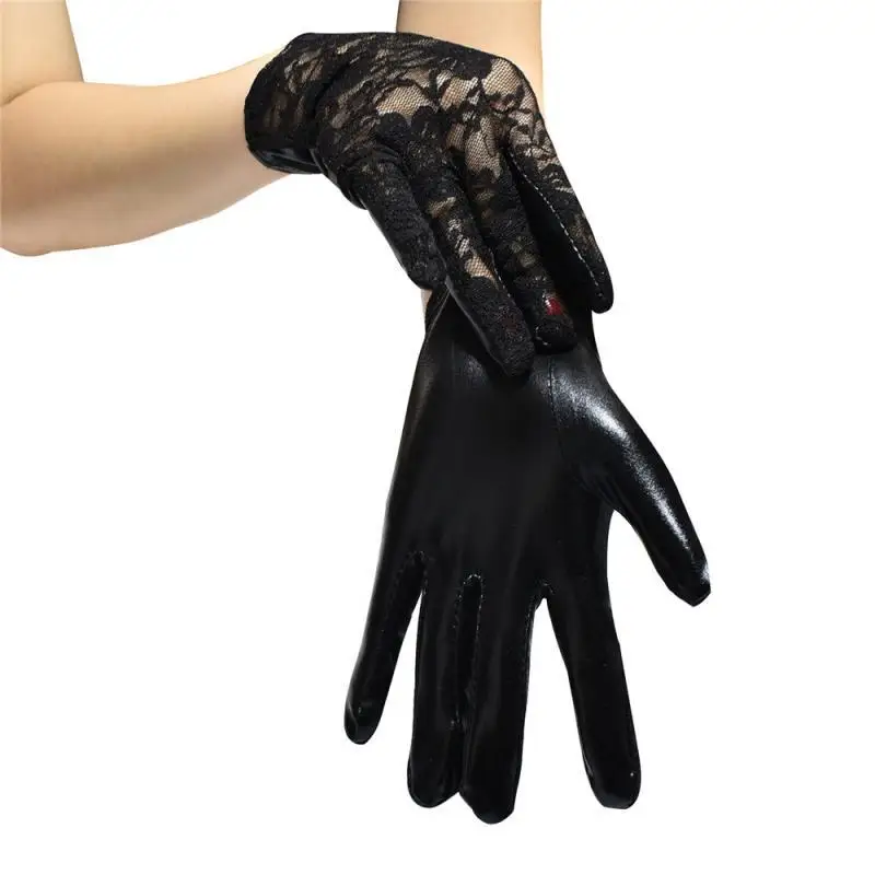 Cool Short Patent Leather Lace Stitching Gloves European and American Metal Punk Style Play Gloves Bar Dance Gloves C008