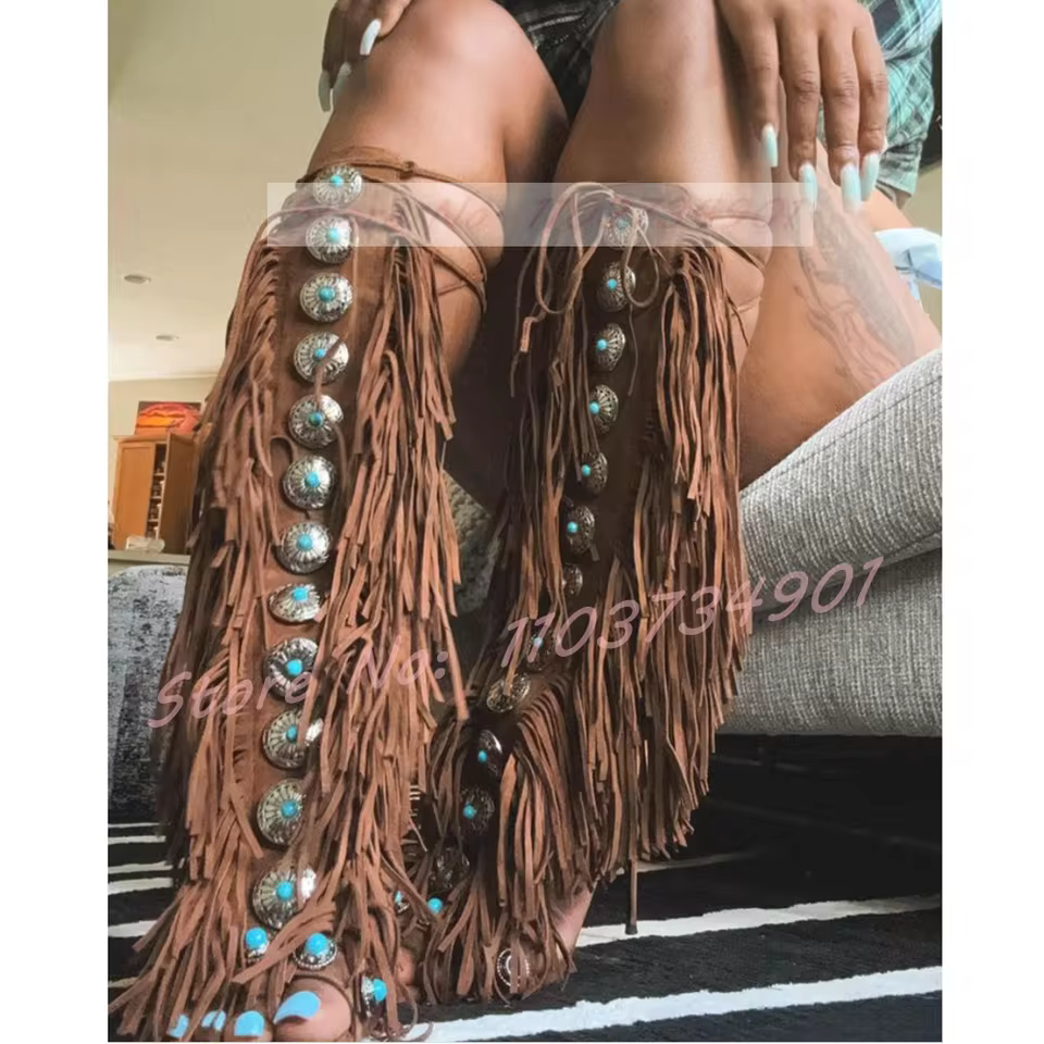 Tassels Open Toe Gems Knee High Sandals Women Gladiator Lace Up Faux Suede High Heels Shoes Ladies Trendy Party Chic Sandals - AliExpress 