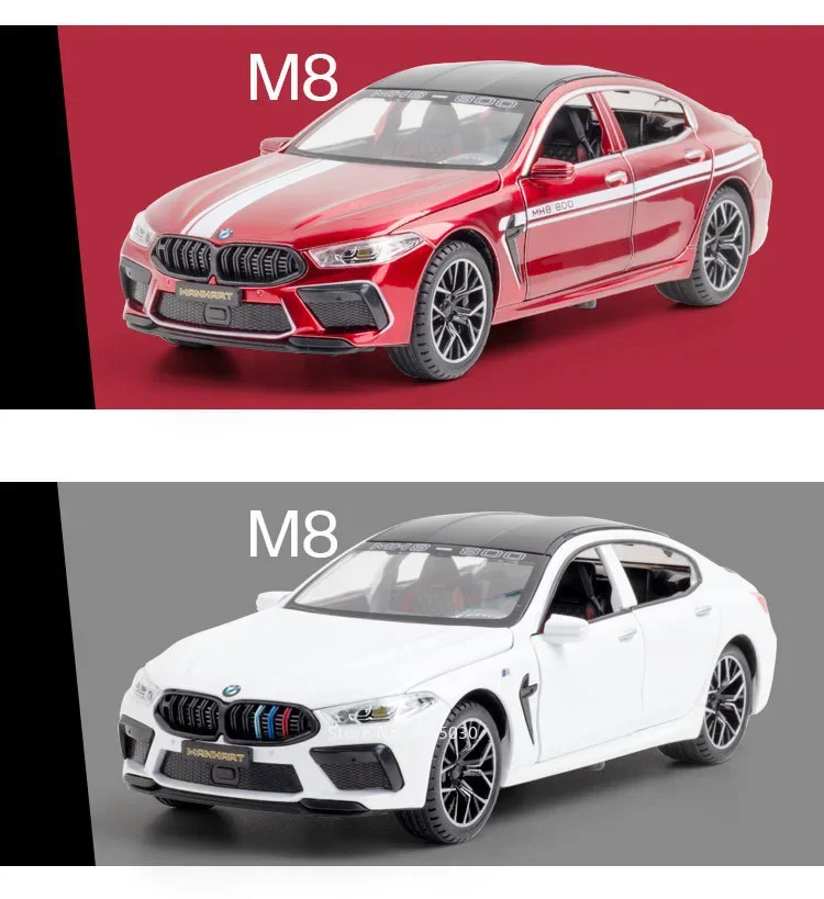 1/24 Scale M8 MH8-800 Sport Toy Car Model Alloy Diecast Pull Back Sound and Light Doors Opened Vehicle Toys for Kids Collection