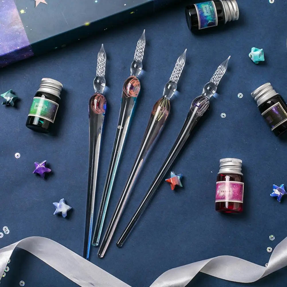 1Set Beautiful Crystal Pen Spiral Design Portable  Dip Ink Pen Glass Dip Ink Pen   for Art  Ink Pen