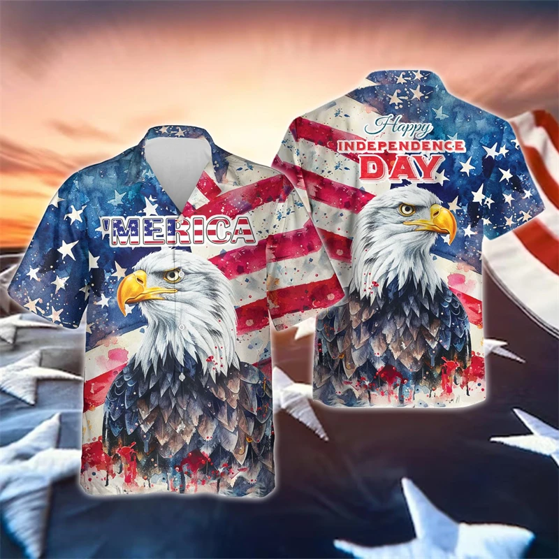 Cute Animal American Happy Independence Day Graphic Shirts For Men Clothes Fashion US Flag Lapel Blouse USA Patriotic Button Top