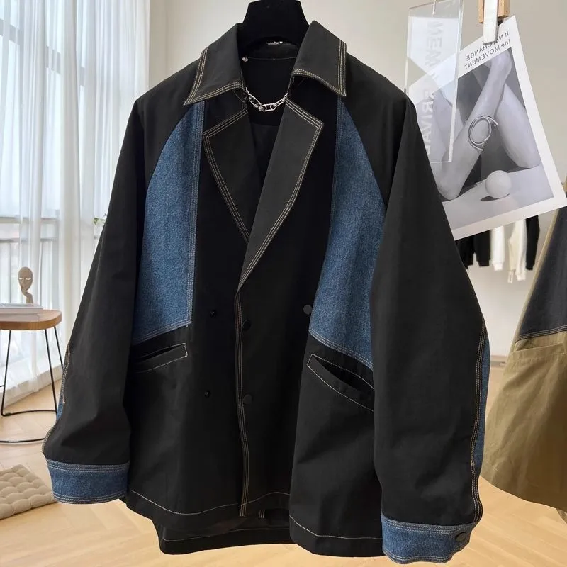 

Large Size 300 Pou Denim Patchwork Casual Workwear Sle Jaet Men's Spring Autumn Color Blo Design Jaet Outerwear