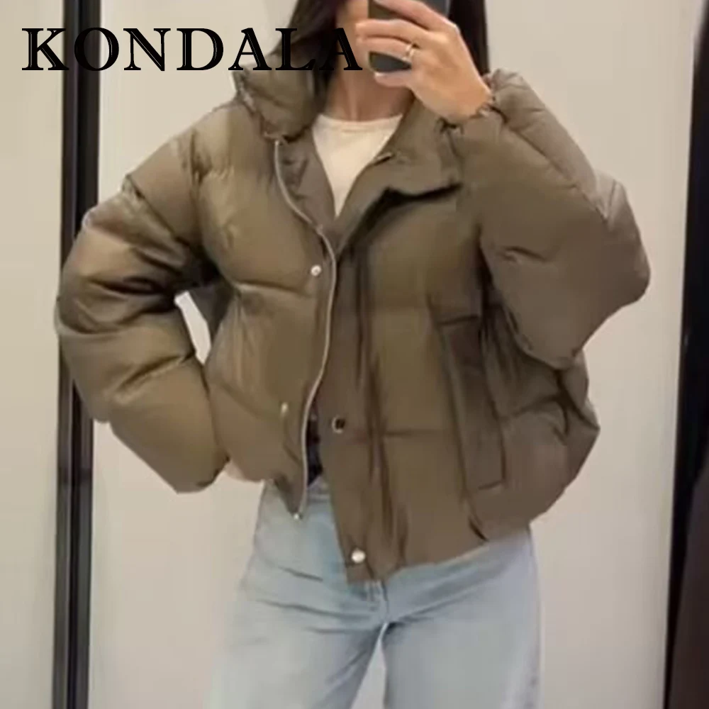 

KONDALA Vintage Green Fashion 2025 Winter Covered Button Pockets Women Jacket Streetwear Female High Street Short Mujer Outwear