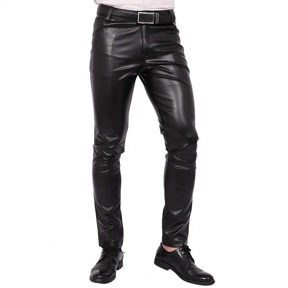 Men Tight Fuax Leather Pants Stylish Men's Faux Leather Pants with Pockets Slim Fit Motorcycle Style Trousers for Spring Fall