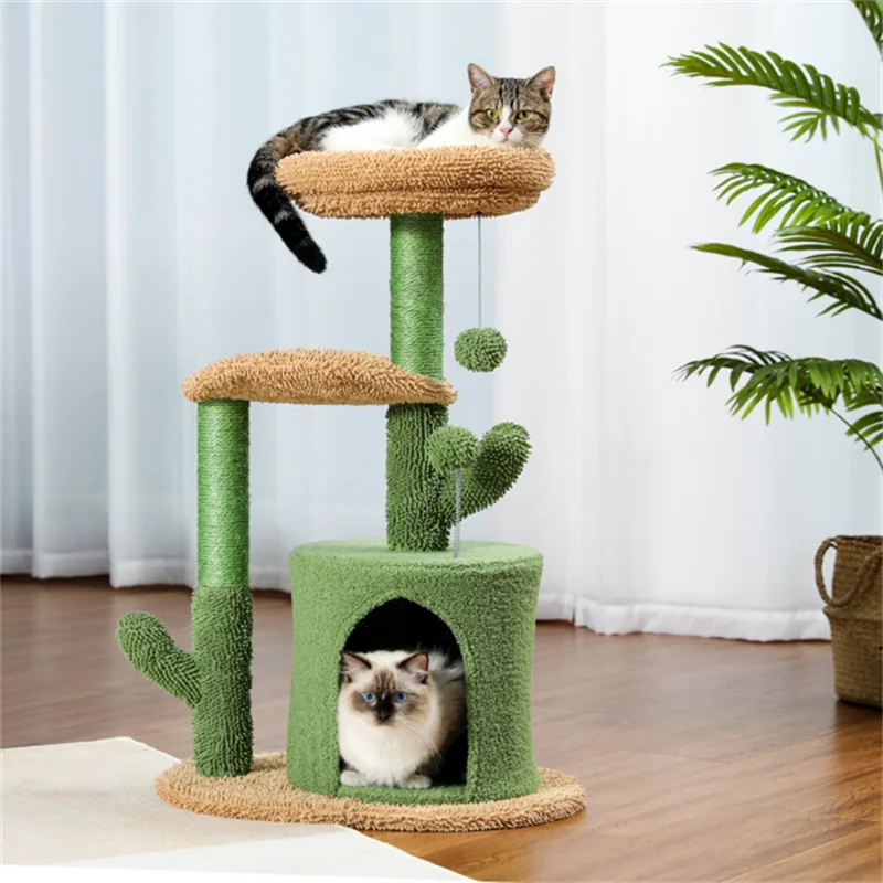 

Cactus Cat Tree Cat Tower with Warmy Condo, Plush Perches, Sisal Scratching Post and Fluffy Balls for Small and Medium Cats