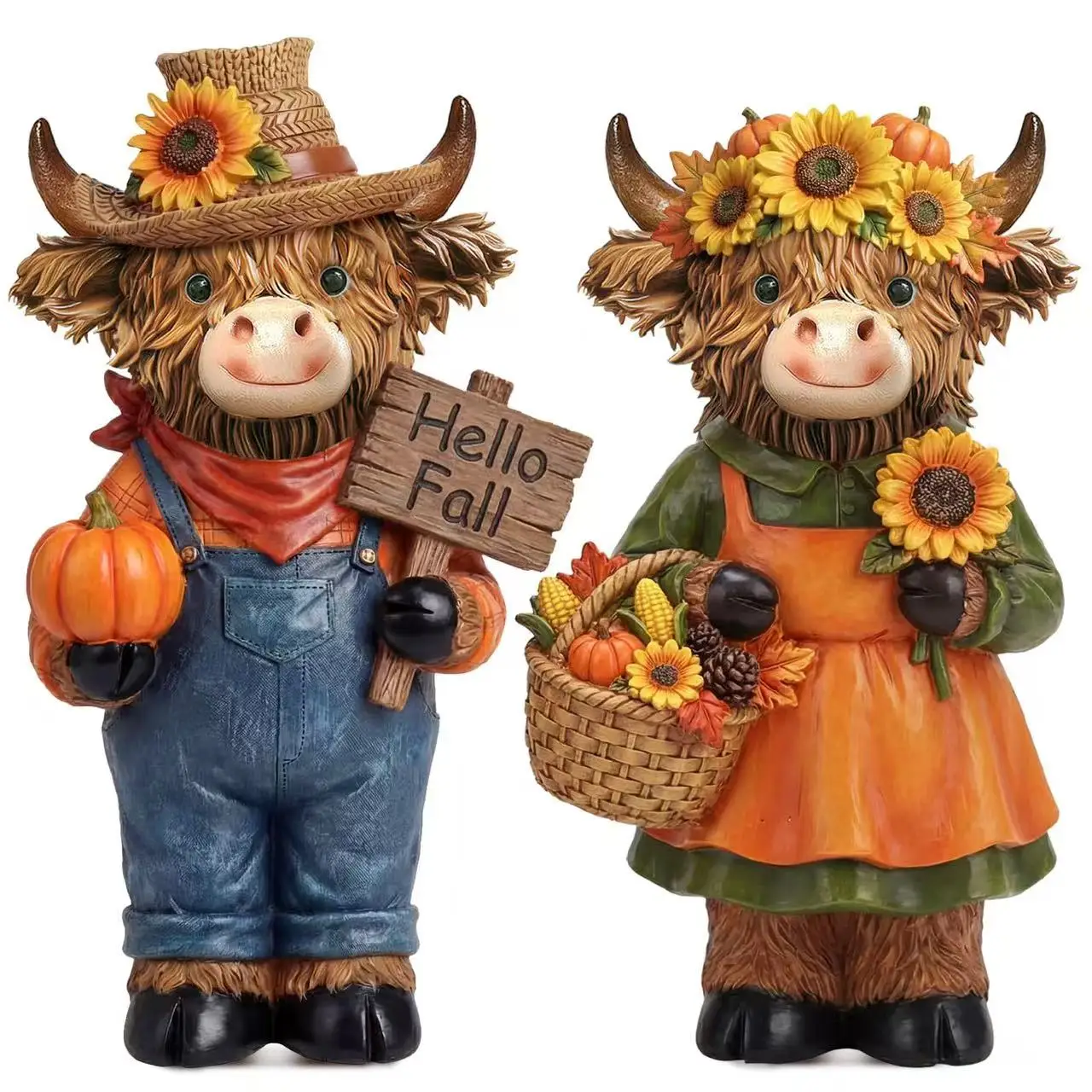 2-teiliges Set, Kürbis-Highland-Kuh-Figuren, Highland-Kuh-Tischdekorationen aus Holz mit Ahornblättern, Kürbis-Highland-Kuh-Statuen mit Schleife, geeignet für Wohnzimmer, Schlafzimmer, Kamin und Schreibtischdekoration. – Detail 6