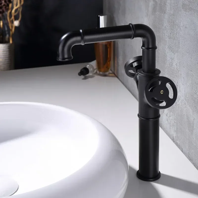 Industrial wash basin faucet matte black faucets mixers taps 2 holes brass bathroom sink faucet