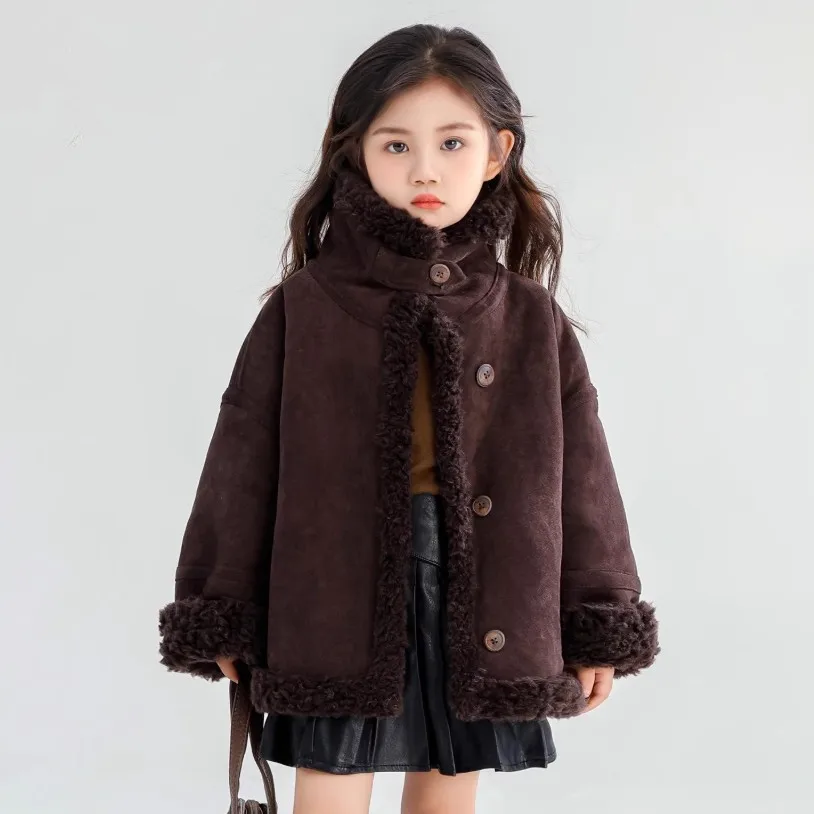 High-End Children's Real Wool Fur Jacket Thicker Warm Motorcycle Jacket Coat For Girls A4805