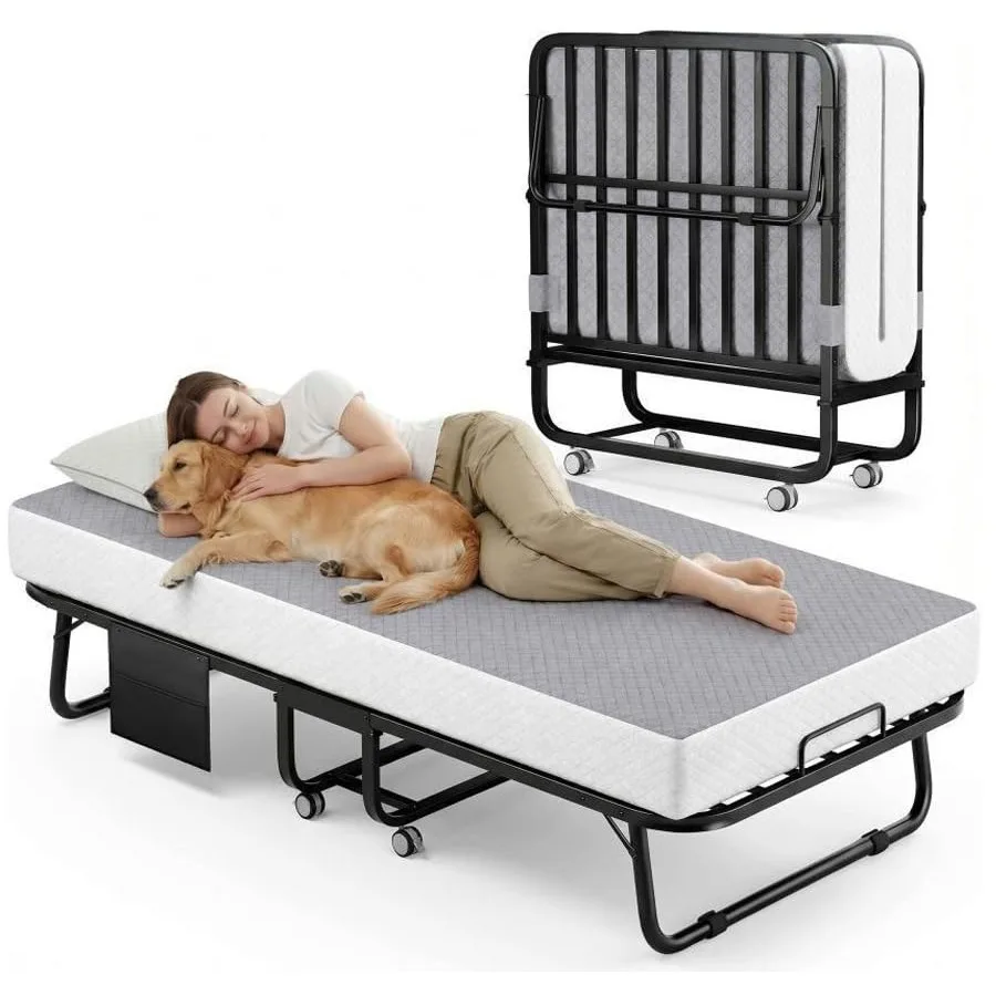 Portable folding bed for guest room use, steel frame with memory foam mattress, gray color, space-saving 75x38 twin size rollaw