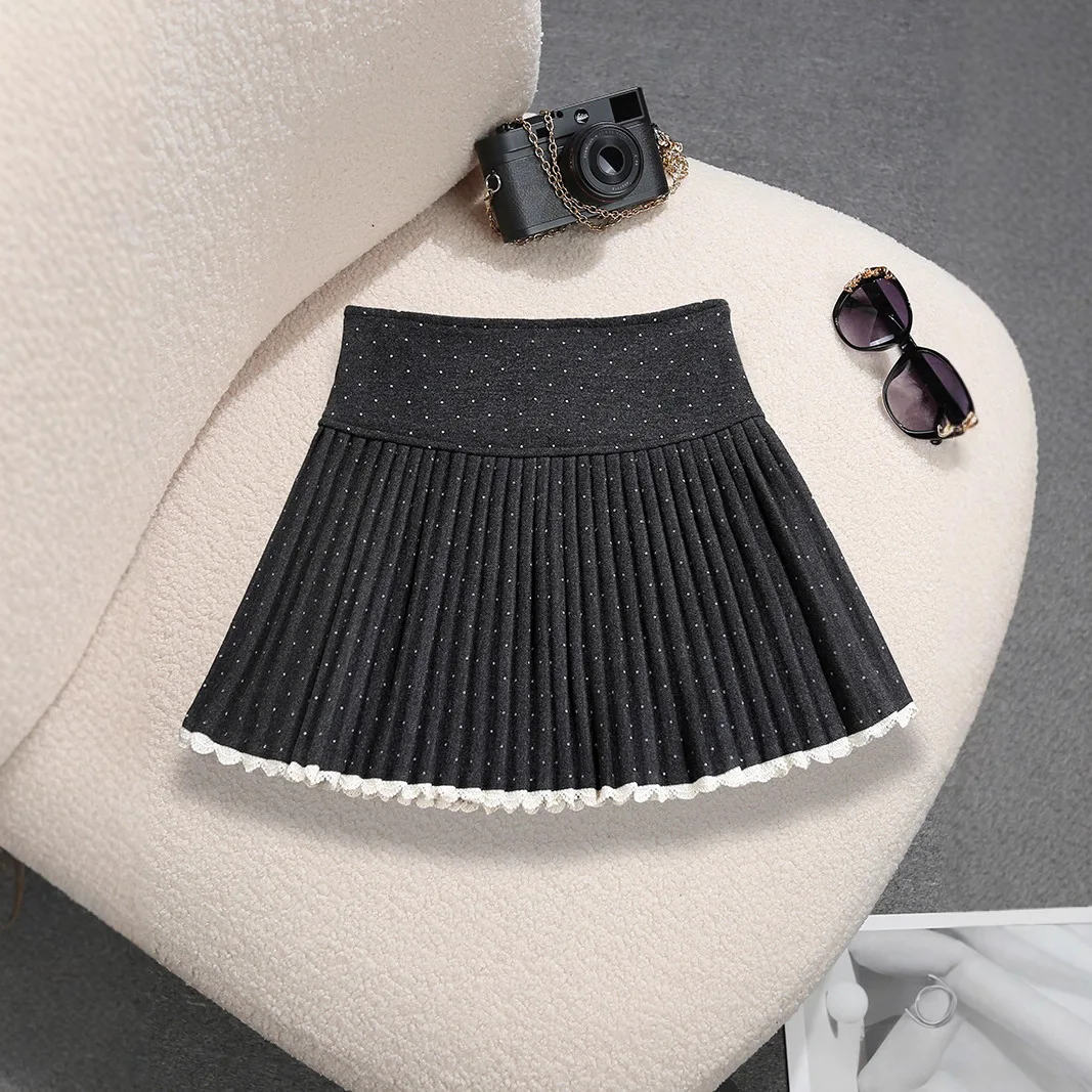 Bow Polka Dot Skirt High Waist Anti-light Lace Splicing Woolen Pleated Skirt Women
