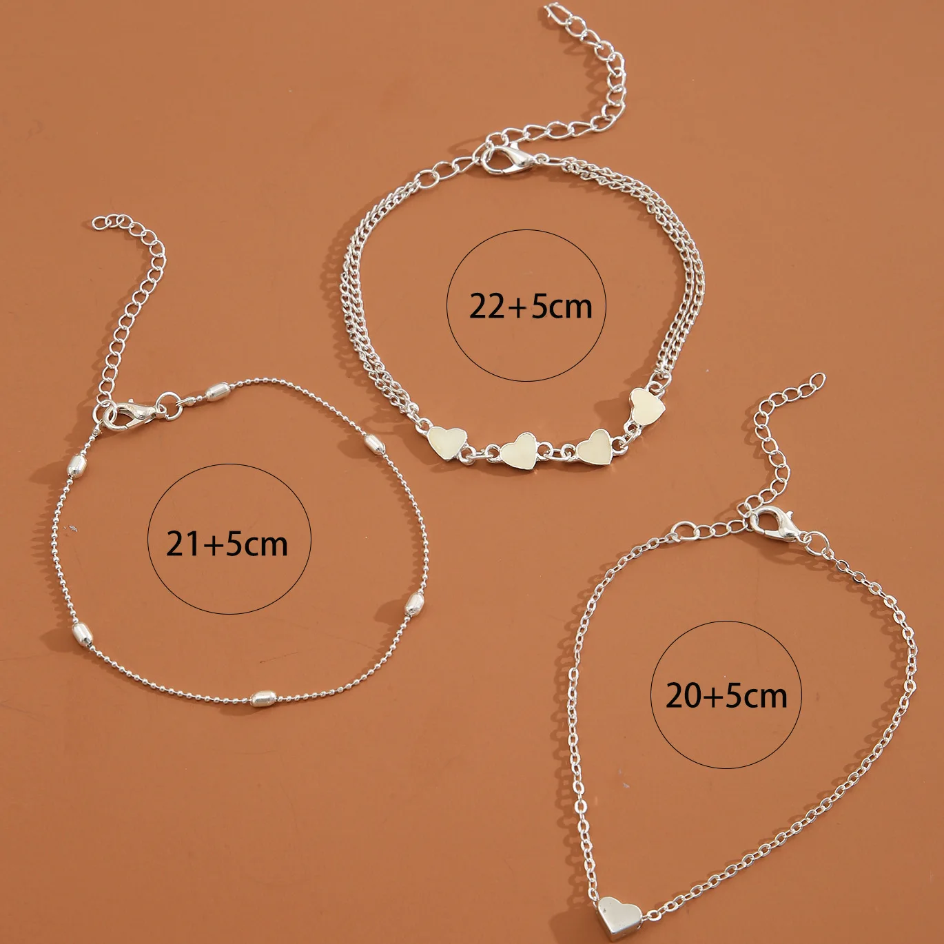 Double Layer Heart Beaded Anklet Summer Beach Multi Strand Love Heart Metal Chain Foot Jewelry for Women